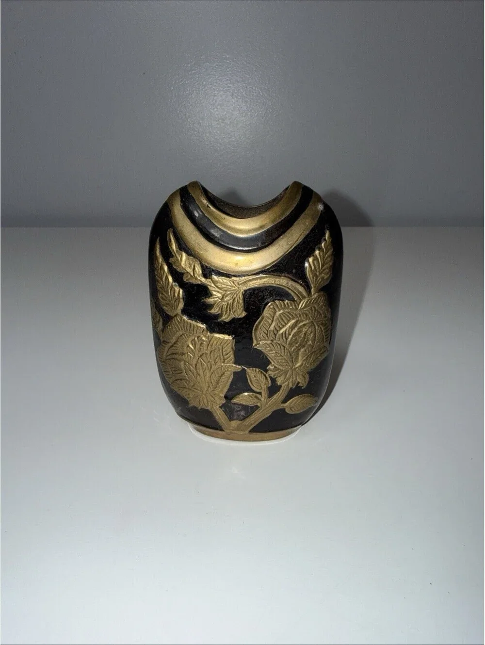 VTG Embossed Brass Black Enamel Vase Raised Floral Design Two-Tone 4”T EUC